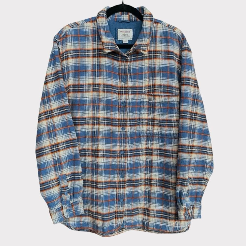 American Eagle Mens Blue & Orange Plaid Thick Button Down Shirt